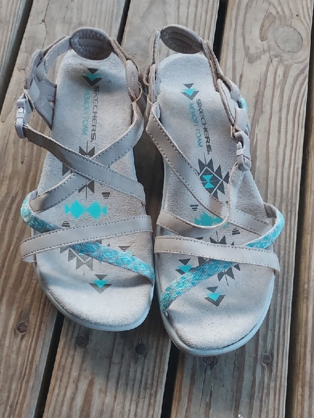 Skechers Beige Sandals with Teal Accent